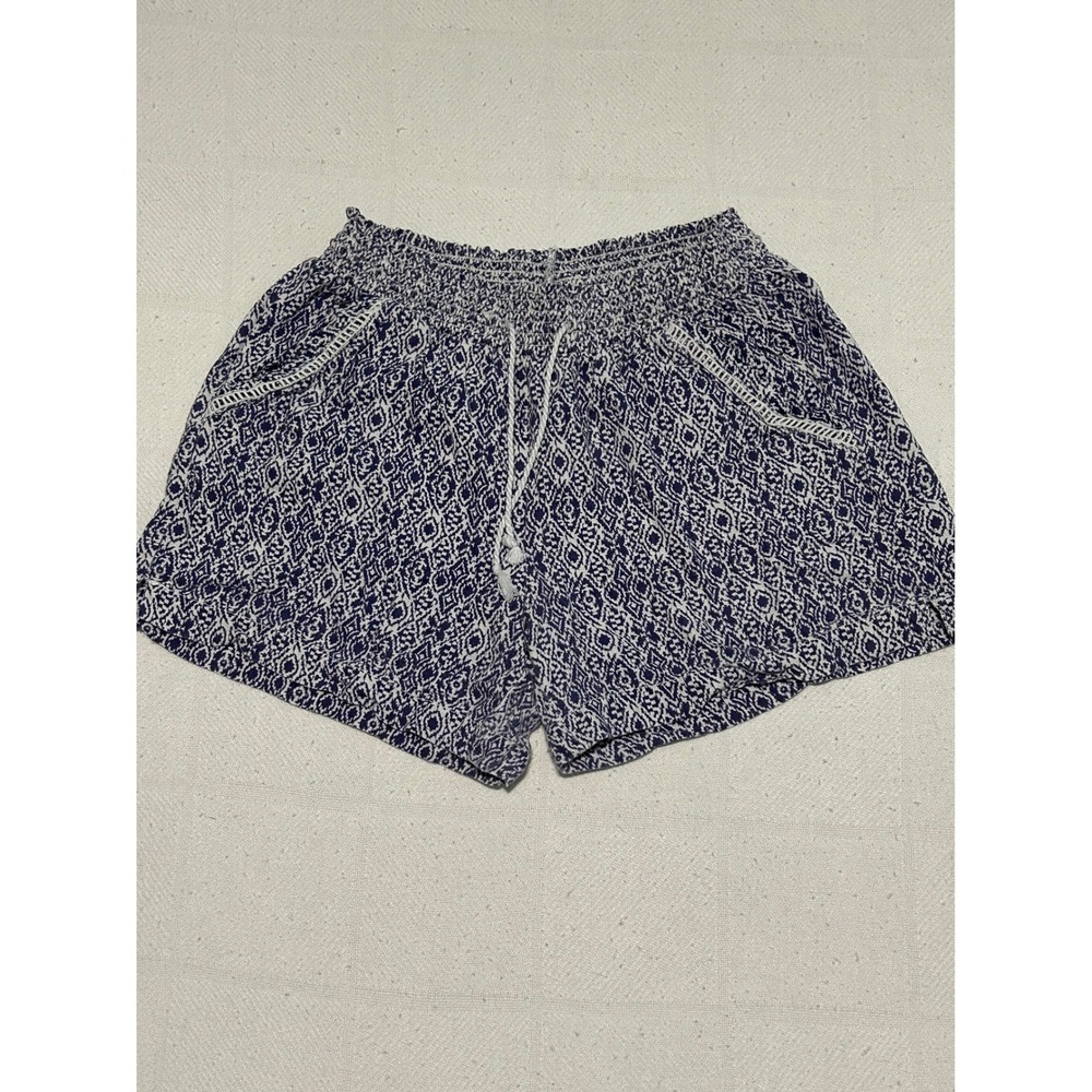 Briggs Womens Linen Blend Smocked Waist Geometric Print Shorts Navy White Size M